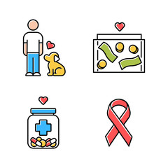 Poster - Volunteering color icons set. Humanitarian assistance. Altruistic activity. Animals welfare, donation box, medical aid, awareness ribbon. Isolated vector illustrations