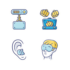 Poster - Travel accessories color icons set. Digital luggage, baggage weights, packing cubes. Noise cancelling earplugs, sleeping eyemask. Tourism equipment, items. Isolated vector illustrations