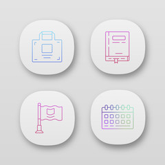 Sticker - Office accessories app icons set. UI/UX user interface. Web or mobile applications. Business equipment vector isolated illustrations. Working notepad, calendar, businessman briefcase and small flag