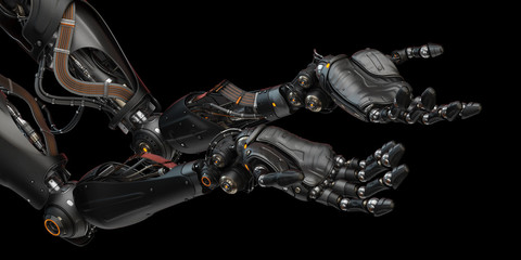 Sticker - Pair of synthetic robotic arms gesturing with open palms, 3d rendering on dark background