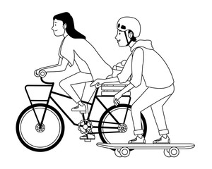 Sticker - Young people with bike and skateboard in black and white