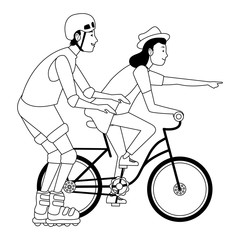 Sticker - Young people with bike and skates in black and white