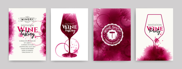 Wall Mural - Collection of templates with wine designs. Elegant wine glass illustration. Brochure, poster, invitation card, promotion banner, menu, list, cover. Background red and rose wine stains.