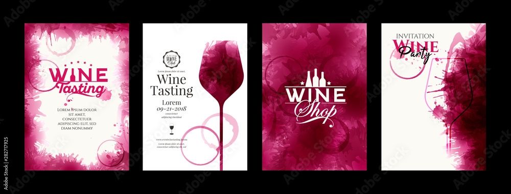 Collection of templates with wine designs. Elegant wine glass illustration. Brochure, poster, invitation card, promotion banner, menu, list, cover. Background red and rose wine stains. - obrazy, fototapety, plakaty 