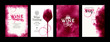 Collection of templates with wine designs. Elegant wine glass illustration. Brochure, poster, invitation card, promotion banner, menu, list, cover. Background red and rose wine stains.