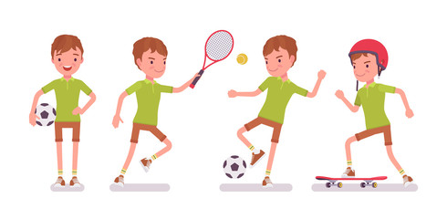 Boy child 7-9 years old, male school age kid sport activity. Happy strong schoolboy playing football, tennis game, skateboarding. Vector flat style cartoon illustration isolated on white background