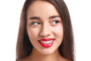 Sticker - Beautiful young woman with bright lipstick on white background