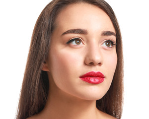 Sticker - Beautiful young woman with bright lipstick on white background