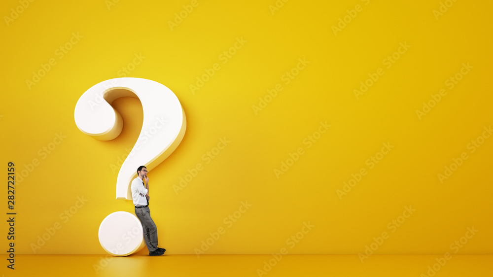 Man leaning on a big white question mark on a yellow background. 3D Rendering - obrazy, fototapety, plakaty 