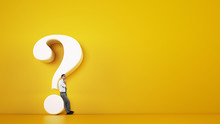 Man Leaning On A Big White Question Mark On A Yellow Background. 3D Rendering