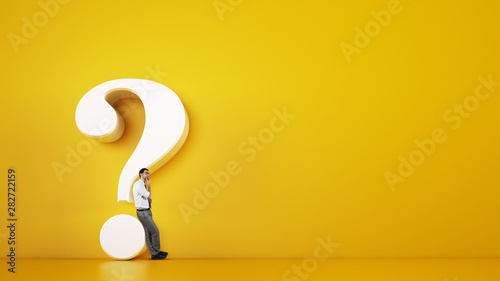 Fotomural Man leaning on a big white question mark on a yellow background