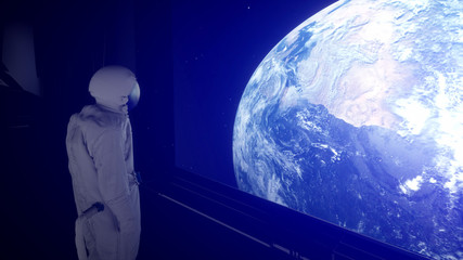Wall Mural - alone astronaut in futuristic spaceship, room. view of the earth. 3d rendering