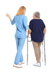 Canvas Print - Caretaker helping elderly woman with walking frame on white background