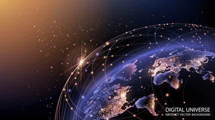 Wall Mural - Vector. Planet Earth from space. Flickering lights of cities. Map of the mainland. Global communications system and the World Wide Web. Technologies and communications. Globalization. Luminous sphere.