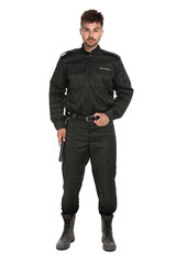 Wall Mural - Male security guard in uniform on white background