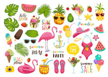 Summer Set With Hand Drawn Travel Elements. Ice Cream, Watermelon, Leaves, Hat, Sandals, Pineapple, Bag, Calligraphy And Other. Vector Illustration