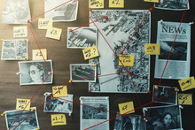 Detective Board With Photos Of Suspected Criminals, Crime Scenes And Evidence With Red Threads, Toned