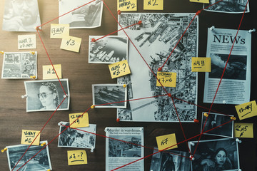 detective board with photos of suspected criminals, crime scenes and evidence with red threads, tone