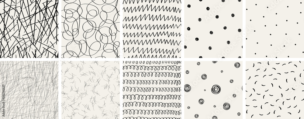 Set of seamless abstract hand-drawn patterns. Vector modern creative backgrounds for your design - obrazy, fototapety, plakaty 