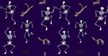 Halloween Seamless Pattern. Funny Skeleton Dancing With Cats And Bats. Watercolor Hand Drawn Illustration On Violet Background. For Card, Invitations, Package, Textile And Holiday Design.