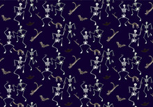 Halloween Seamless Pattern. Funny Skeleton Dancing With Cats And Bats. Watercolor Hand Drawn Illustration On Dark Blue Background. For Card, Invitations, Package, Textile And Holiday Design.