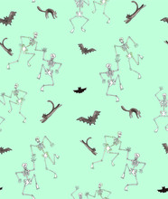 Halloween Seamless Pattern. Funny Skeleton Dancing With Cats And Bats. Watercolor Hand Drawn Illustration On Mint Background. For Card, Invitations, Package, Textile And Holiday Design.