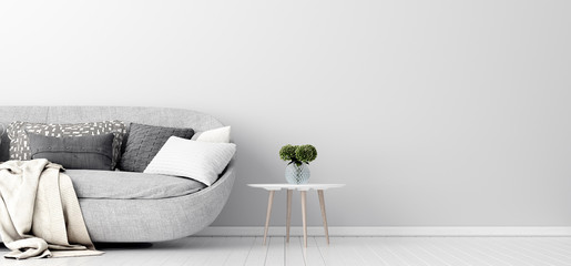 Home interior with gray sofa and white wall mock up, Scandinavian style, 3d render