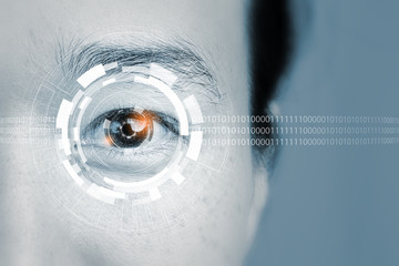 Close up of woman eye in process of scanning.High technology that helps identify identification by scanning the eyes of the eye to check the information of the person.