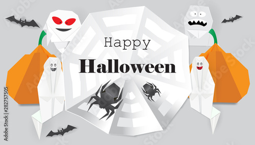 Fotografía Background with origami spiders,ghost,pumpkin and Happy Halloween lettering