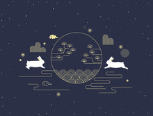 Mid Autumn Festival Vector Illustration With Korean Traditional Pattern And Rabbits.