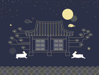 Wall Mural - Mid autumn festival vector illustration with Korean traditional house and rabbits.