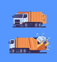 Orange Garbage Truck Picking Up Recycle Trash Bin Urban Sanitary Vehicle Waste Transportation Street Cleaning Service Concept Front Side Back View Flat Vertical Blue Background