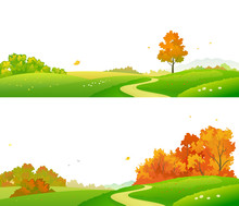 Vector Illustration Of Colorful Autumn Landscape Banners