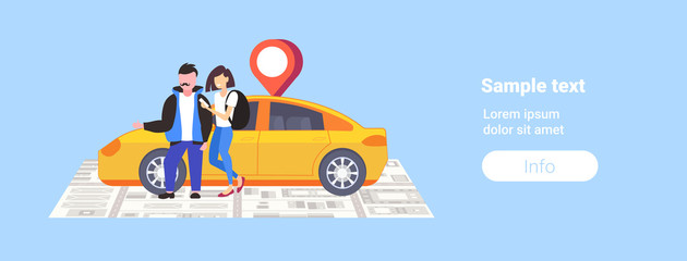 Poster - couple using smartphone ordering taxi mobile navigation app with location gps position on city map car sharing concept cityscape top angle view flat full length horizontal copy space