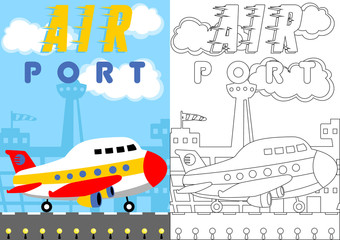 Sticker - vector cartoon of plane in airport, coloring page or book