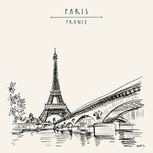 Eiffel Tower In Paris, France. Vintage Hand Drawn Touristic Postcard
