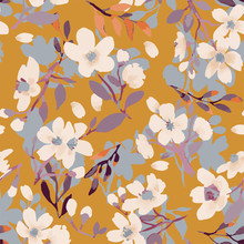 Abstract Floral Seamless Pattern. Bright Colors, Painting On A Light Background. Cherry Blossoms.