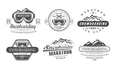 Sticker - Snowboarding Championship, Marathon Retro Logo Templates Set, Ice Club Vintage Monochrome Labels Vector Illustration