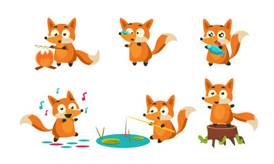 Poster - Cute Little Fox Doing Different Activities Set, Adorable Animal Character Roasting Marshmallow, Dancing, Fishing, Eating Vector Illustration