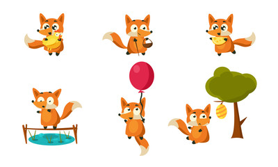 Poster - Cute Little Fox Doing Different Activities Set, Adorable Forest Animal Character in Different Situations Vector Illustration