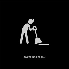 Sticker - white sweeping person vector icon on black background. modern flat sweeping person from people concept vector sign symbol can be use for web, mobile and logo.