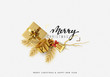 Merry Christmas and Happy New Year. Xmas Festive background with realistic design elements. Holiday Objects, gift box, decorative pine branches. Greeting card, banner, poster. Top view flat lay.