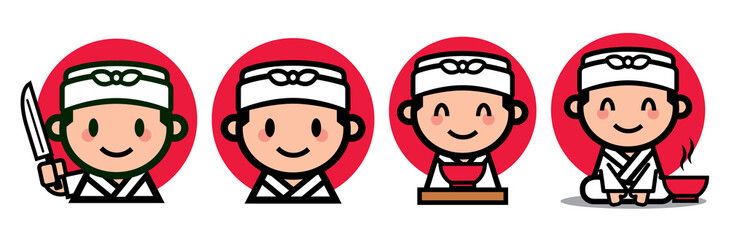 Cute Japanese chef set with japanese knife and ramen bowl - vector mascot character illustration - vector