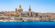 Panoramic skyline and harbor view of Valletta, Malta.