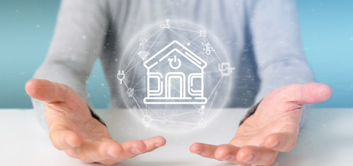 Poster - businessman holding smart home interface with icon, stats and data 3d rendering