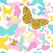 © MySunShine - Gold glittering butterflies and colorful butterflies silhouettes seamless pattern on white background. Vector illustration.