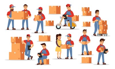 Vector set illustrating highlights of delivery services: counting price, checking order, transportation parcels with movers, loaders, motor scooter, cart, courier to client. Cartoon isolated on white.