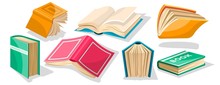 Big Set With Red, Yellow, Green, Blue Opened And Closed Textbooks, Business Diaries, Workbooks In Different Positions. World Book And Copyright Day Concept. Vector Cartoon Icons On White.