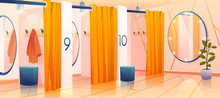 Fitting Rooms In Store, Row Of Vacant Individual Dressing Cabins With Curtains, Mirrors And Hangers In Apparel Shopping Mall, Changeroom Interior In Fashion Department. Cartoon Vector Illustration