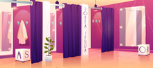 Modern Clothing Retail Store Comfortable Dressing Or Fitting Rooms Row With Heavy Violet Curtains, Hanging From Above Lamps, Full-length Mirrors Inside And Wall Hangers Cartoon Vector Illustration